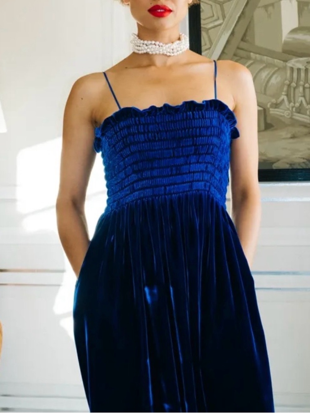 GUCCI Royal Blue Velvet Smocked Midi Dress - NEW - Size 42 / US 6